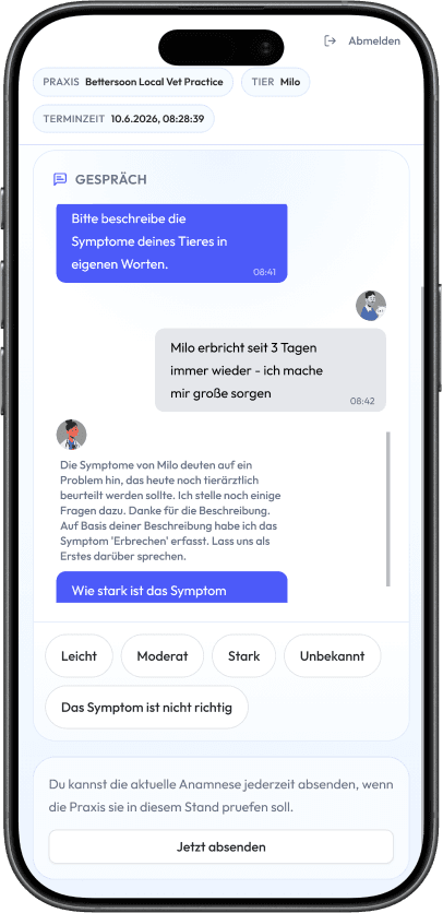 Mobile Ansicht des Anamnese-Chats für Tierhalterinnen und Tierhalter